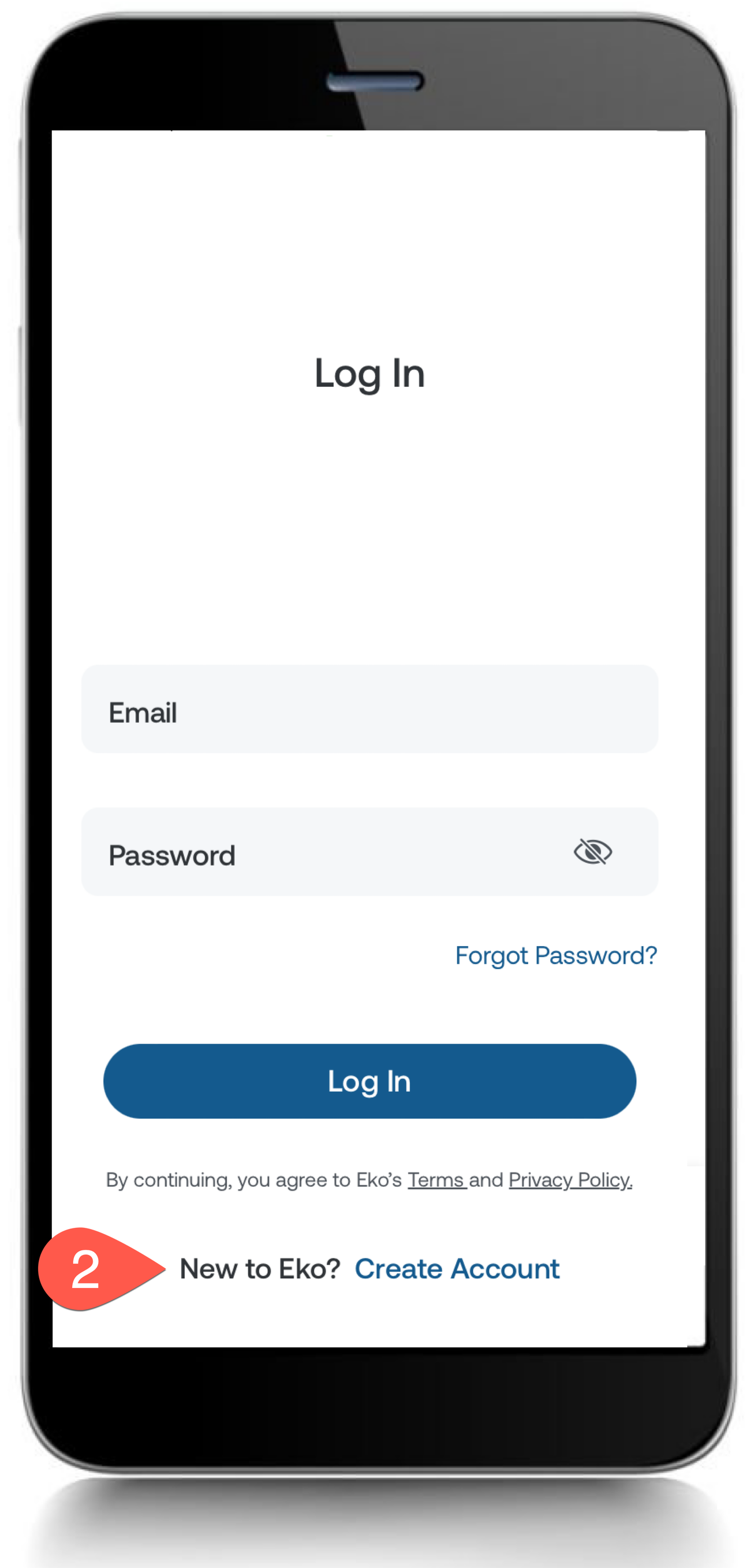 Sign-in screen of the Eko App with an arrow pointing to the Create account link.