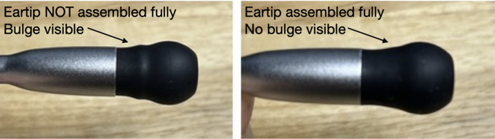 Left: ear tip not pressed properly; Right: ear tip pressed correctly and seated flush